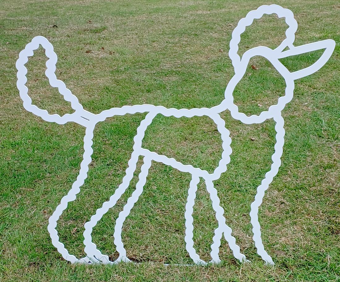 white poodle steel garden sculpture by Hnerietta Bud
